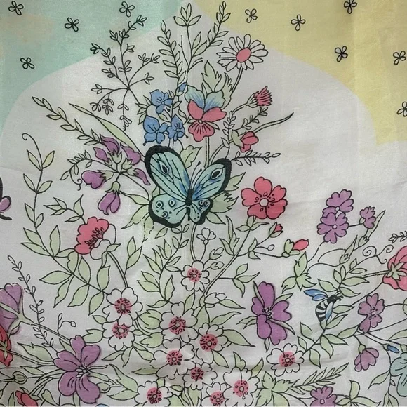 Vintage 60s square silk scarf garden floral butterflies painted hand rolled edge - Picture 16 of 16
